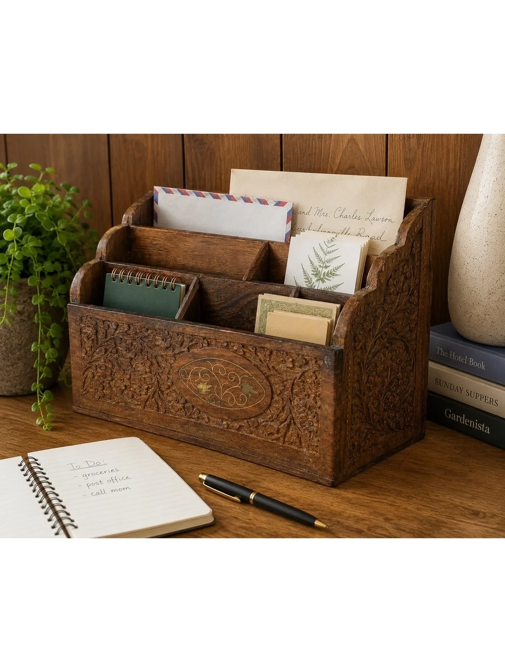 Vintage Hand Carved Wooden Desk Organizer Letter Holder Mail Sorter Boho